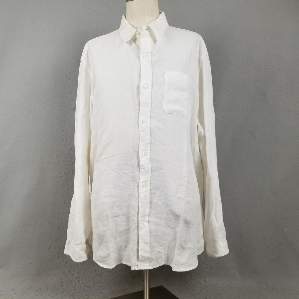 LL Bean Shirt Mens 2XL White 100% Linen Slightly Fitted Button Front Casual